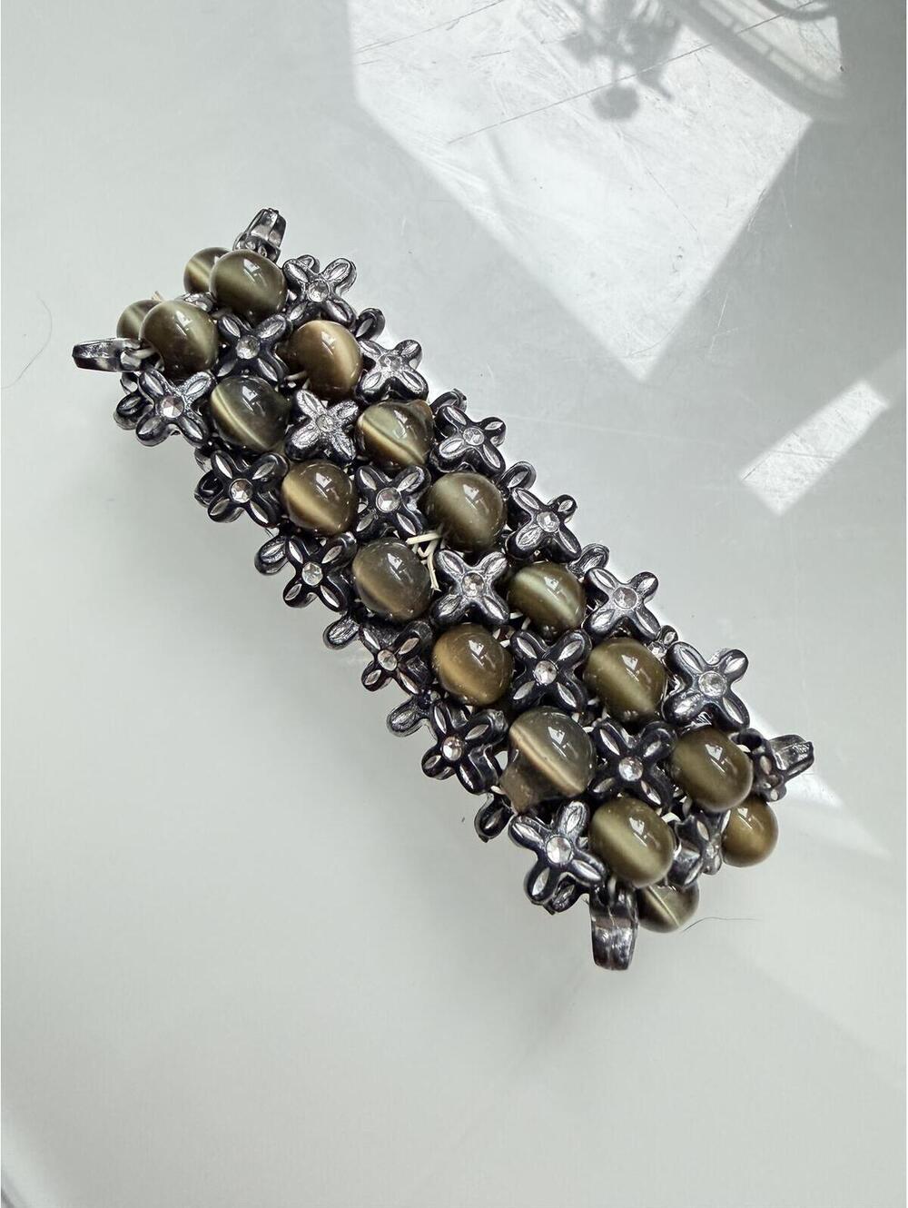 Wide Cat's Eye Bead Bracelet Silver Tone Statement - Picture 1 of 4
